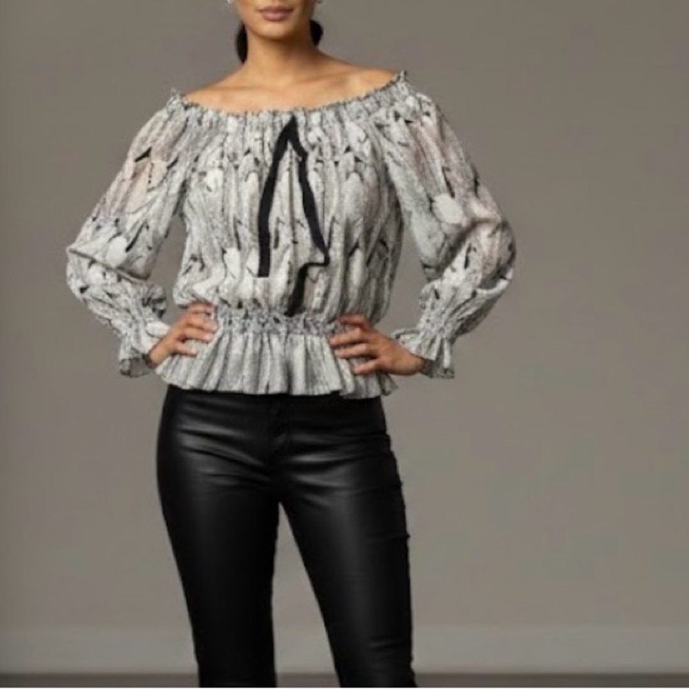 Women's Off-Shoulder Ruffle Top - Black and White